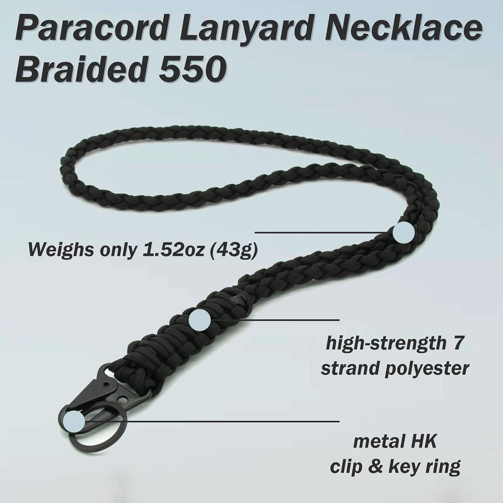 2 Pieces Heavy Duty Paracord Lanyard Braided 550 Necklace Keychains Whistles Wrist Strap Parachute Rope for Outdoor Activities, Camera, ID Card Badge Holder, Wallet and Keys (Black + Olive Green)