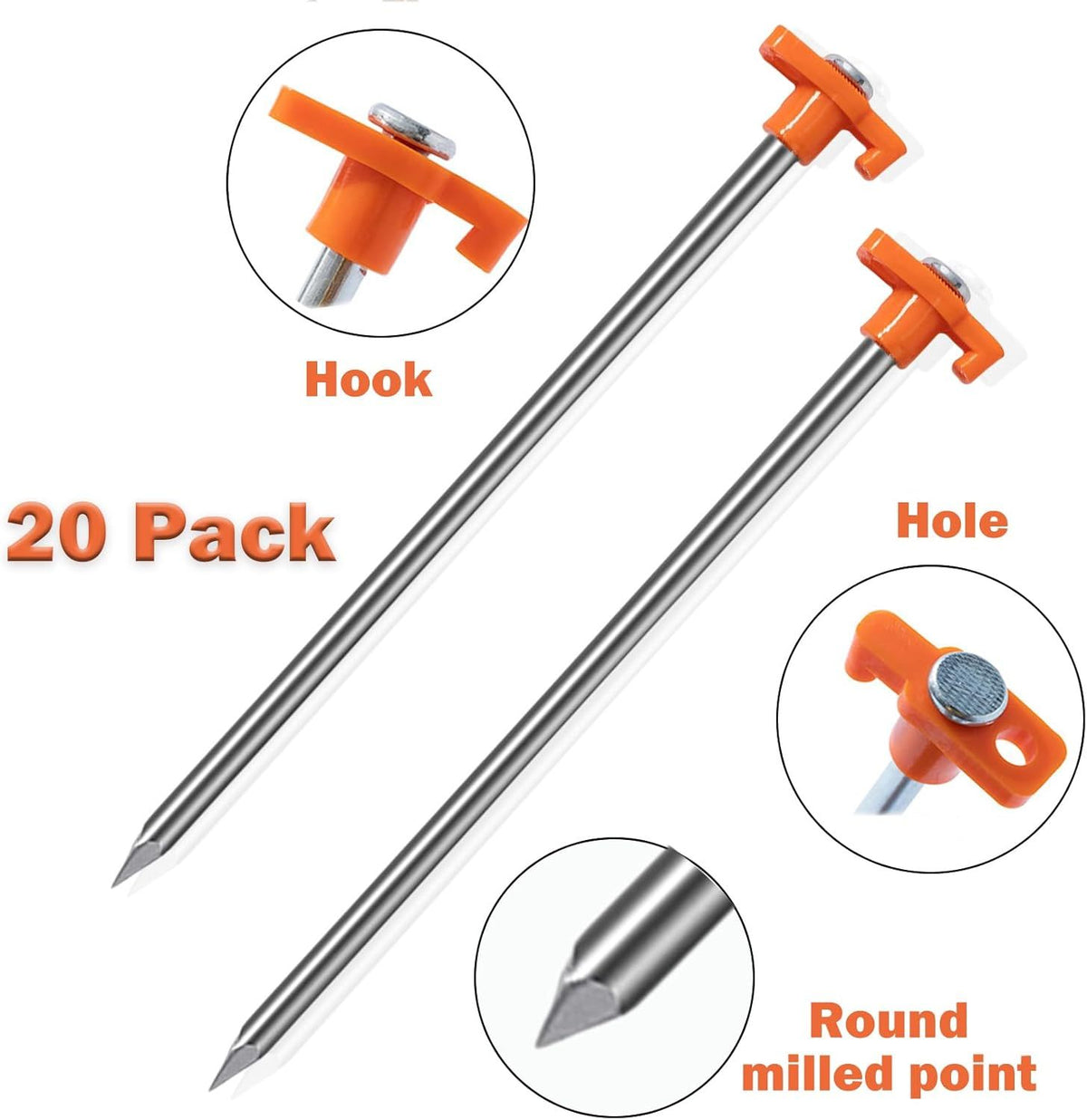 20 Pack Tent Stakes Heavy Duty, 9.75 Inch Yard Stakes Non-Rust Metal Tent Pegs Ground Stakes Tent Spikes for Camping Patio, Garden, Canopies, Grassland, Outdoor, Orange