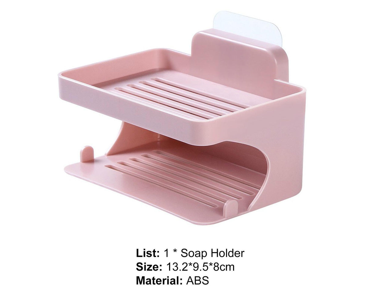 Soap Holder Double Deck Wall Mount No Punching Trace Free Non-slip Storage ABS Self Draining Soap Rack Bathroom Supplies-Pink