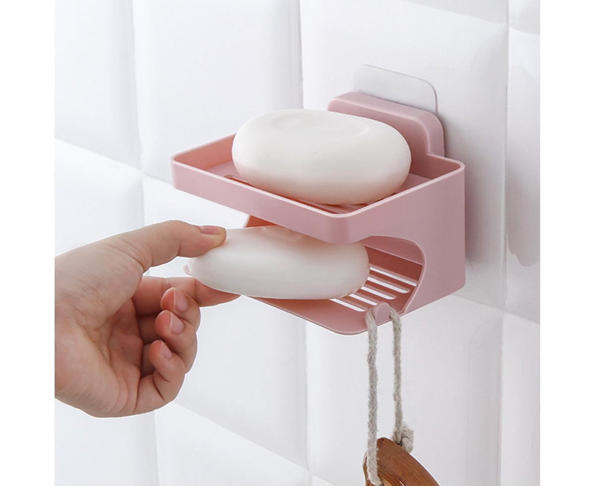Soap Holder Double Deck Wall Mount No Punching Trace Free Non-slip Storage ABS Self Draining Soap Rack Bathroom Supplies-Pink