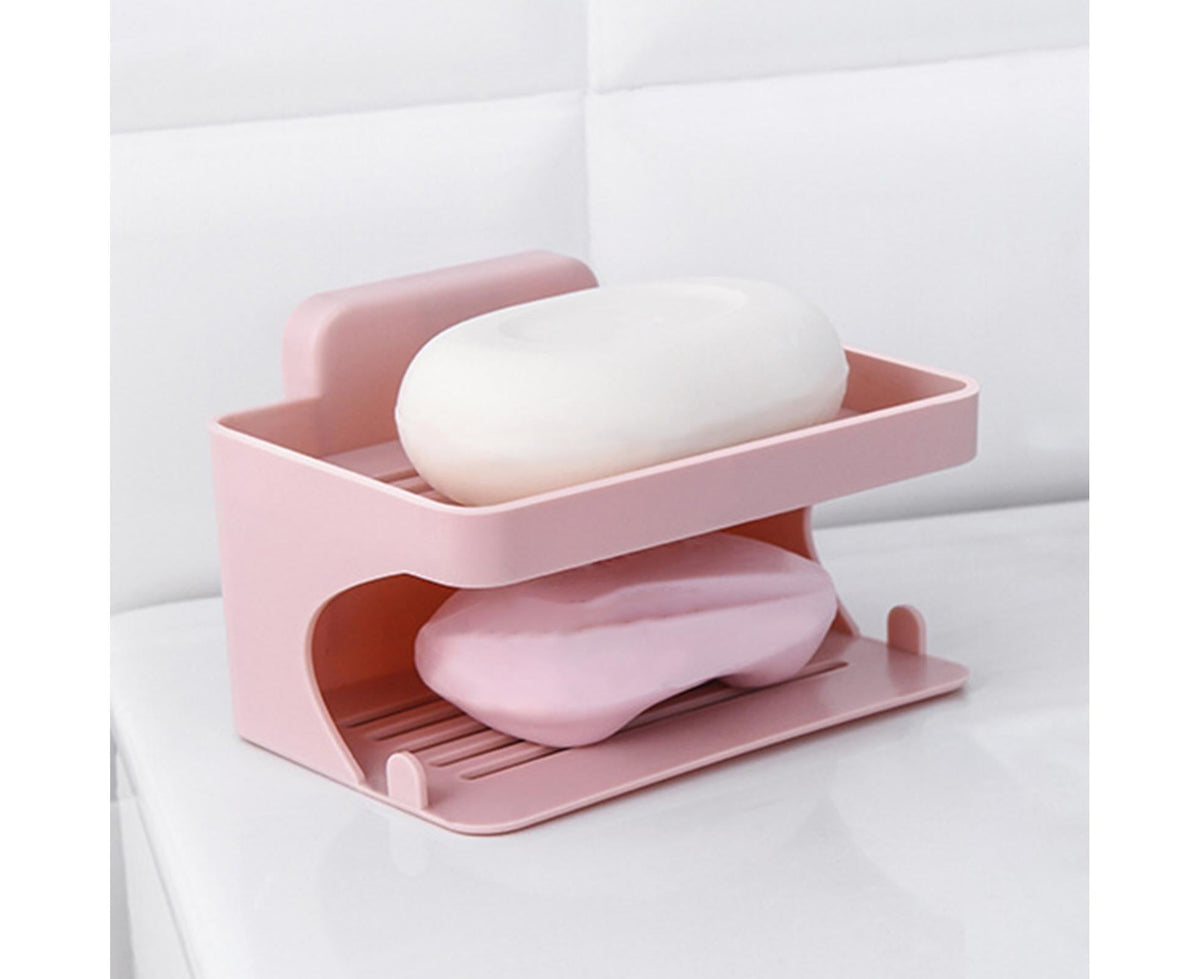 Soap Holder Double Deck Wall Mount No Punching Trace Free Non-slip Storage ABS Self Draining Soap Rack Bathroom Supplies-Pink
