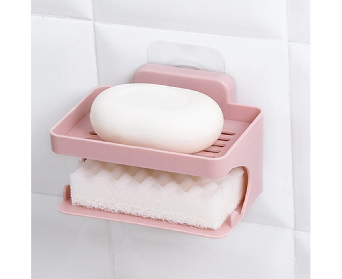 Soap Holder Double Deck Wall Mount No Punching Trace Free Non-slip Storage ABS Self Draining Soap Rack Bathroom Supplies-Pink