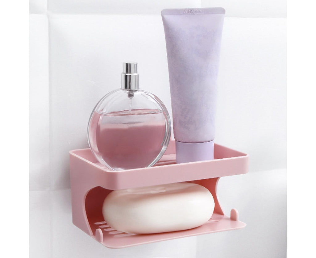 Soap Holder Double Deck Wall Mount No Punching Trace Free Non-slip Storage ABS Self Draining Soap Rack Bathroom Supplies-Pink