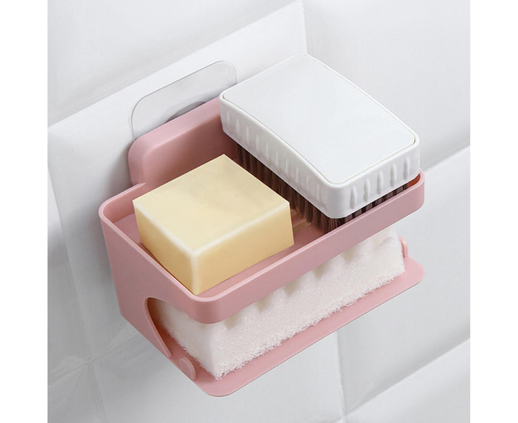 Soap Holder Double Deck Wall Mount No Punching Trace Free Non-slip Storage ABS Self Draining Soap Rack Bathroom Supplies-Pink