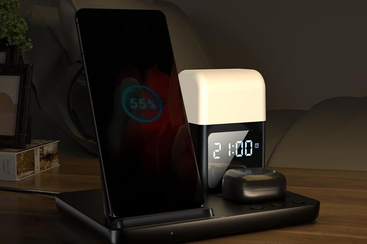 6 in 1 Charging Station with Alarm Clock Wireless Charger with Night Light for Smartphone/Watch/Earbuds Fast Charging Station