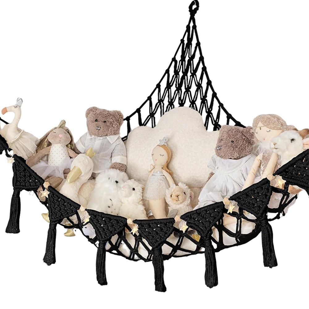 Stuffed Animal Hammock Corner Macrame Toy Storage Net with LED Lights - Black
