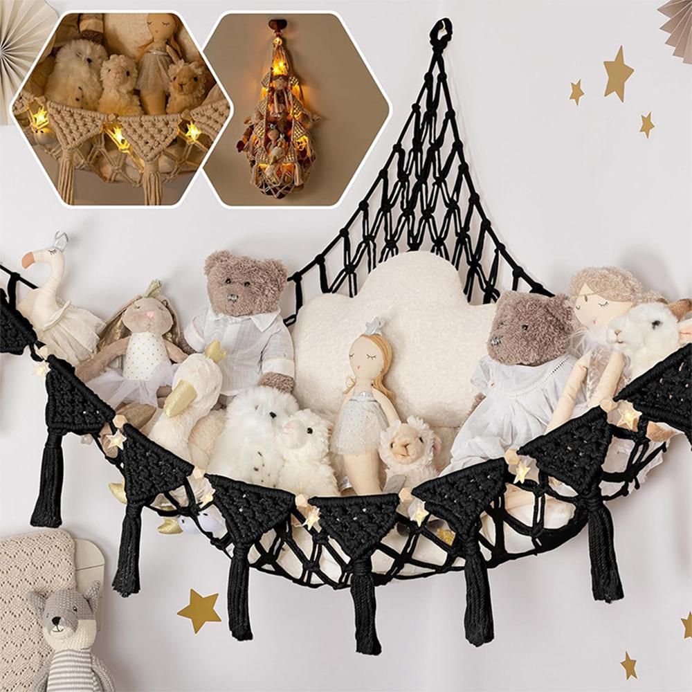 Stuffed Animal Hammock Corner Macrame Toy Storage Net with LED Lights - Black