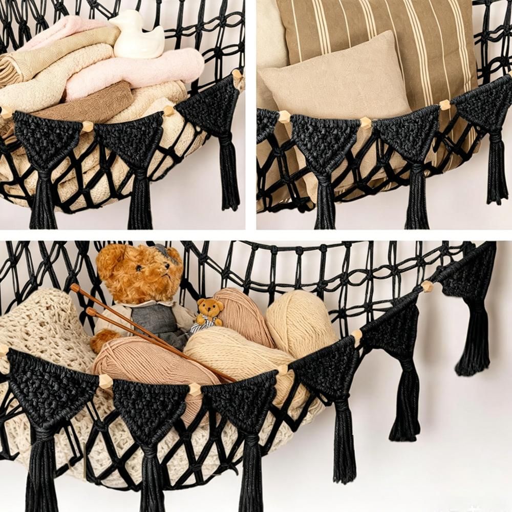 Stuffed Animal Hammock Corner Macrame Toy Storage Net with LED Lights - Black