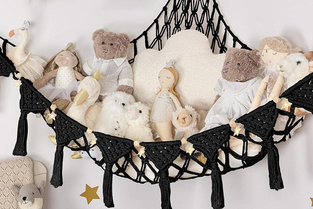 Stuffed Animal Hammock Corner Macrame Toy Storage Net with LED Lights - Black