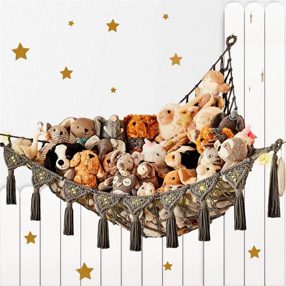Stuffed Animal Hammock Corner Macrame Toy Storage Net with LED Lights - Black