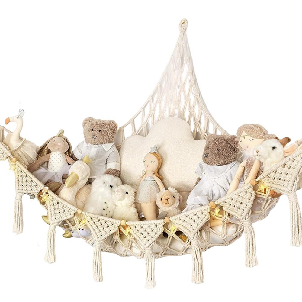 Stuffed Animal Hammock Corner Macrame Toy Storage Net with LED Lights - Beige