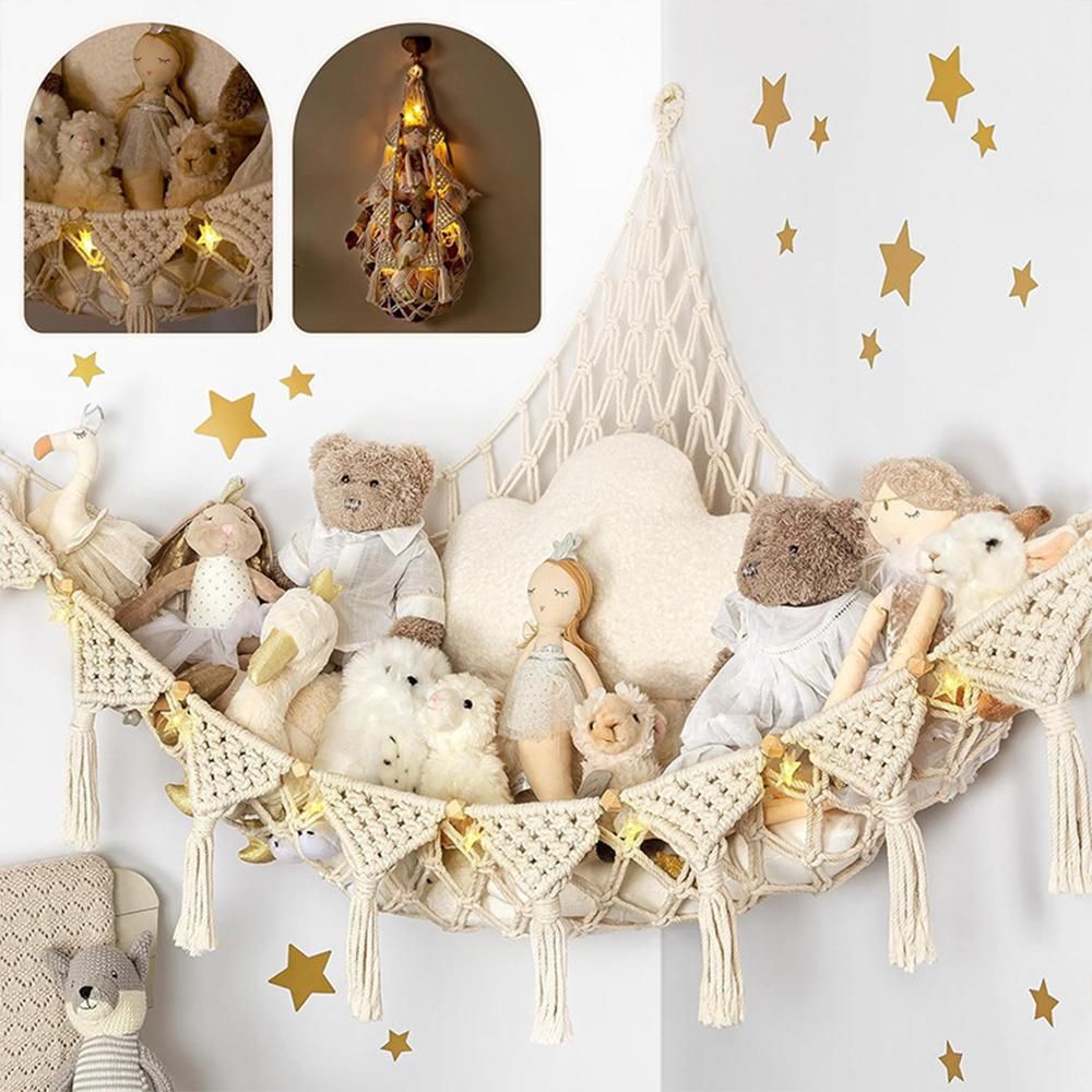 Stuffed Animal Hammock Corner Macrame Toy Storage Net with LED Lights - Beige