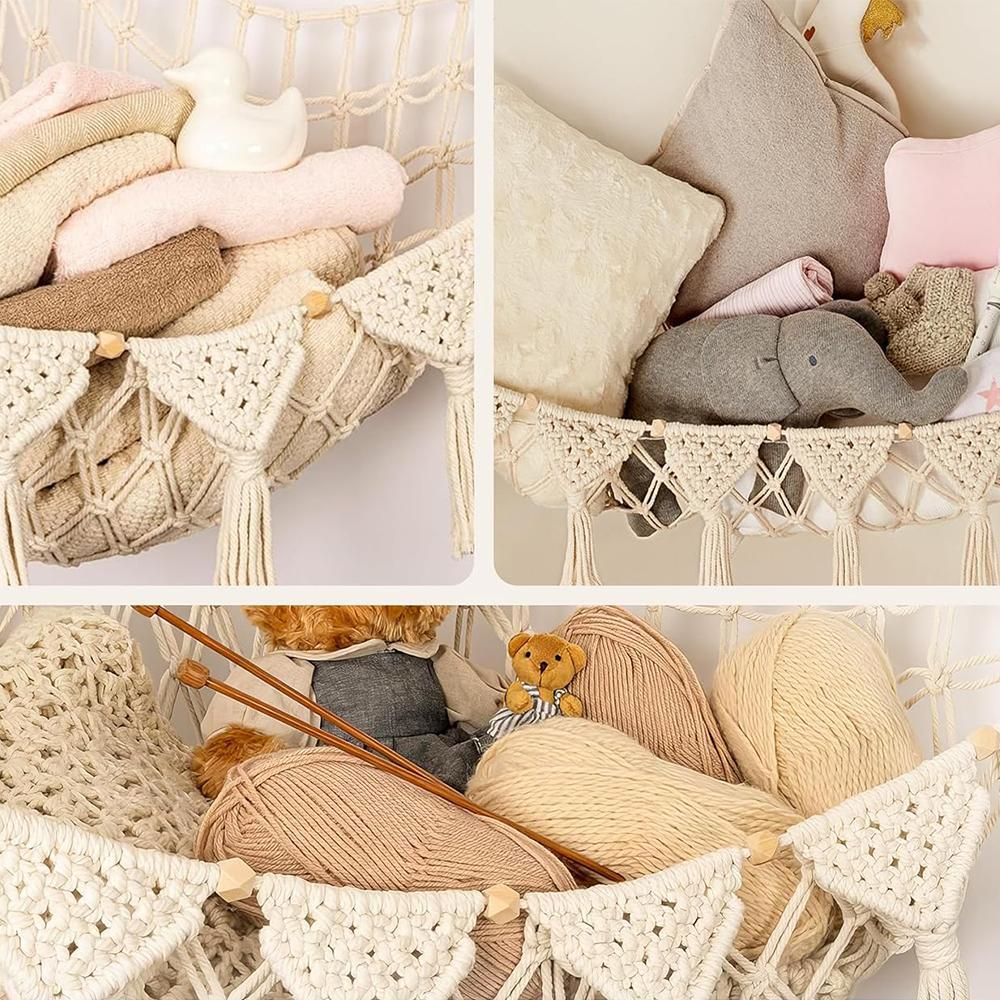 Stuffed Animal Hammock Corner Macrame Toy Storage Net with LED Lights - Beige