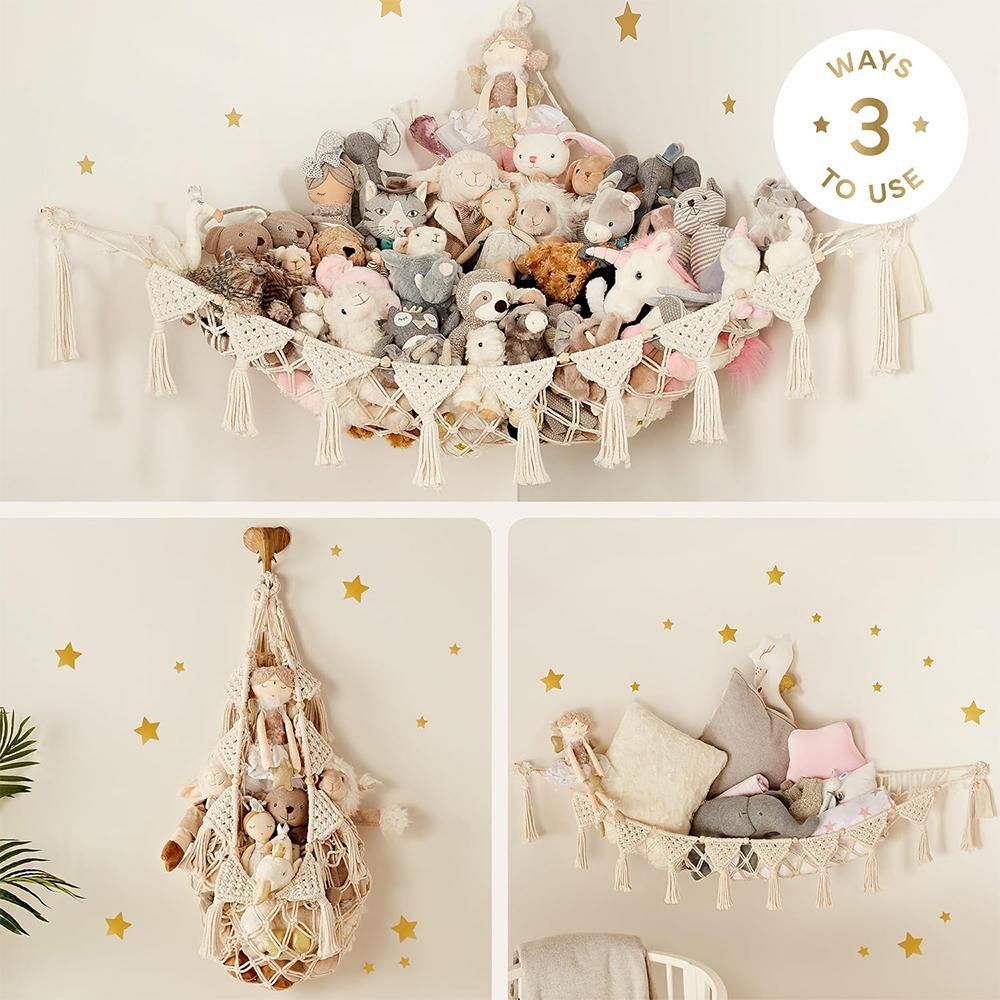 Stuffed Animal Hammock Corner Macrame Toy Storage Net with LED Lights - Beige