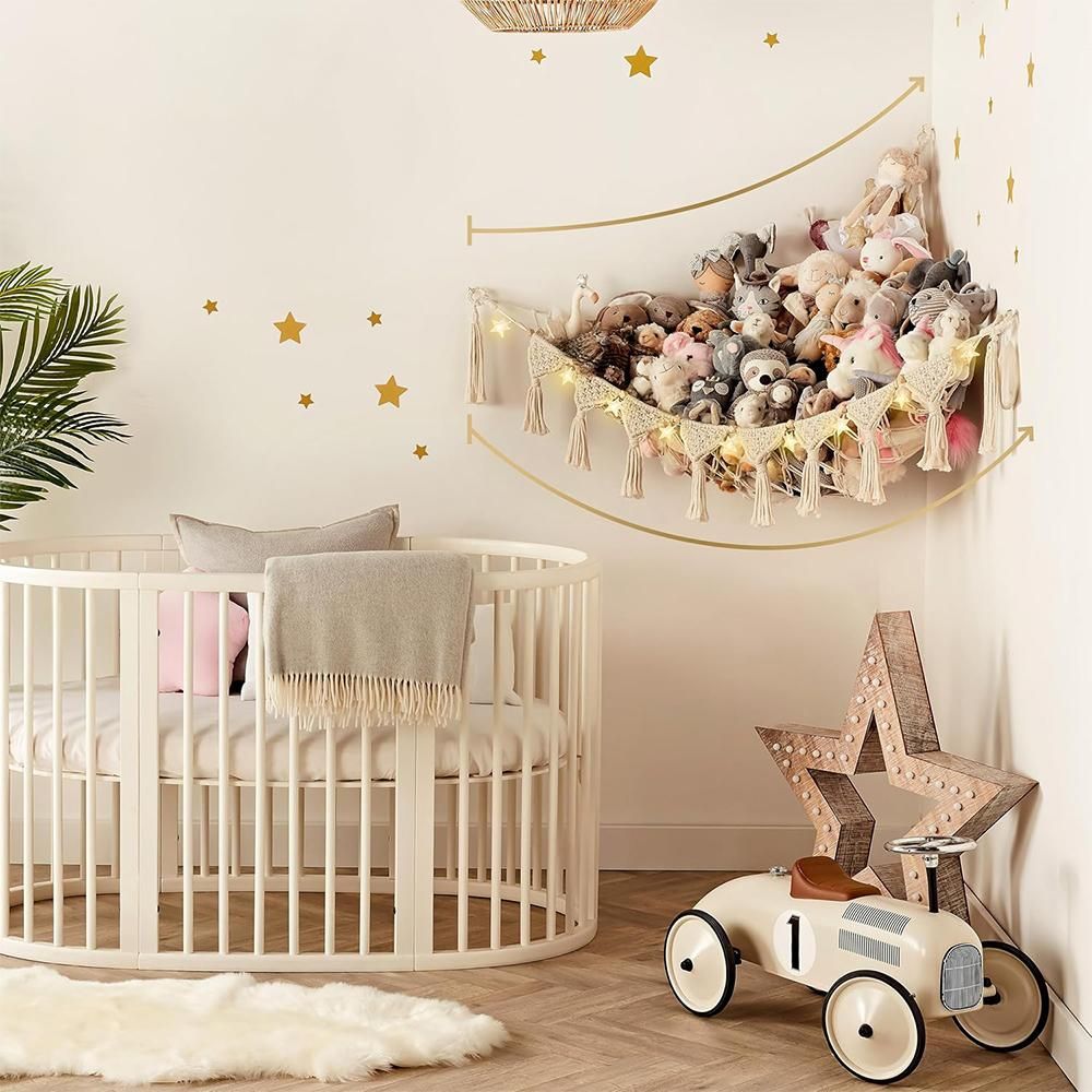 Stuffed Animal Hammock Corner Macrame Toy Storage Net with LED Lights - Beige