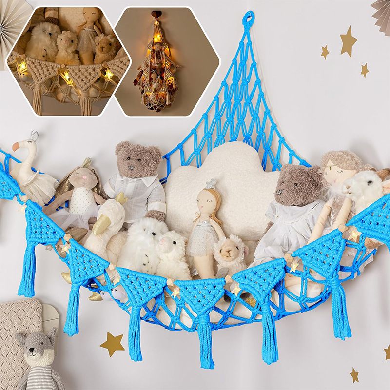 Stuffed Animal Hammock Corner Macrame Toy Storage Net with LED Lights - Blue