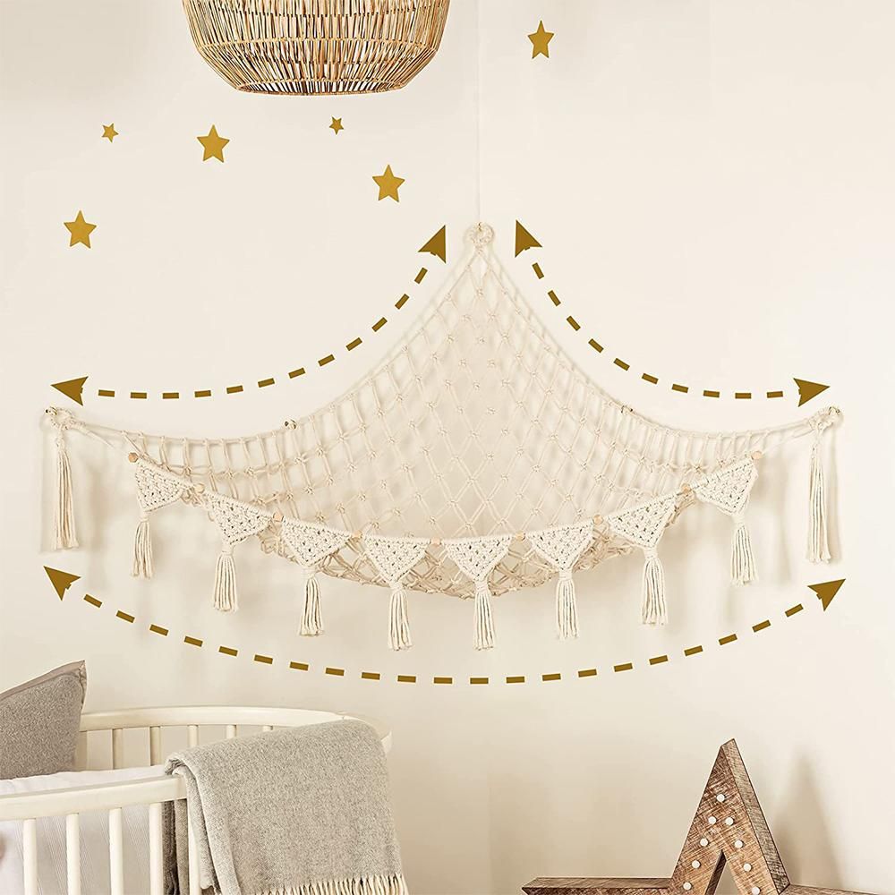 Stuffed Animal Hammock Corner Macrame Toy Storage Net with LED Lights - Blue