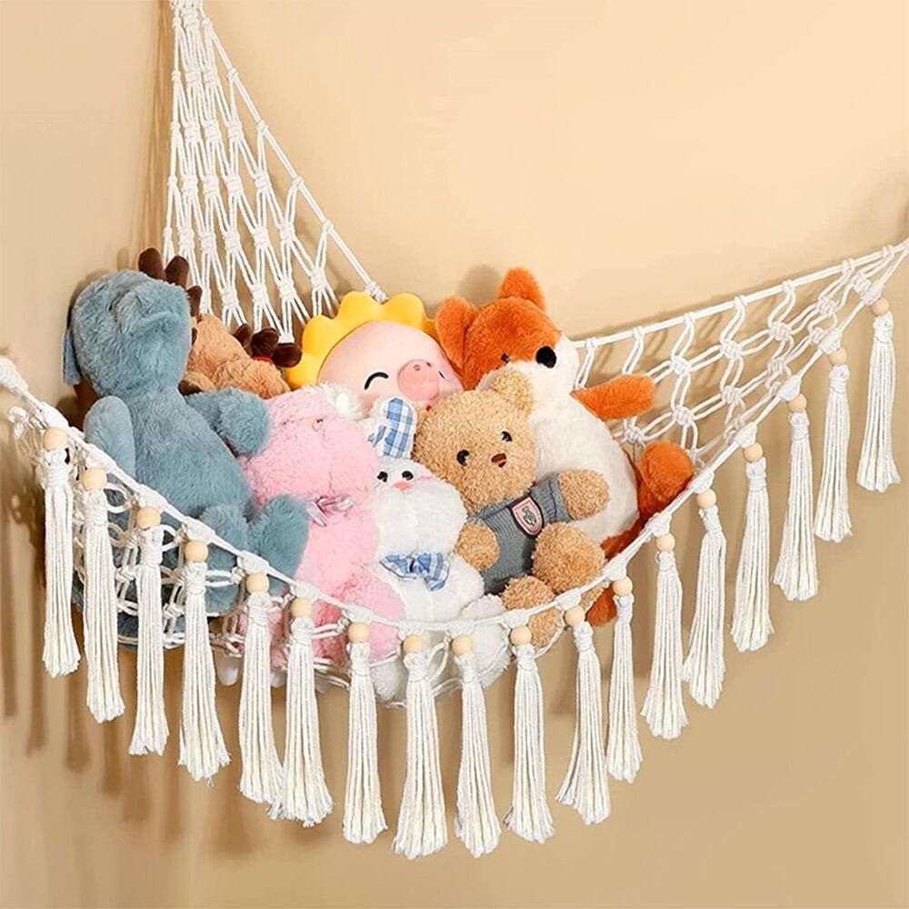 Stuffed Animal Hammock Corner Macrame Toy Storage Net with LED Lights - Blue