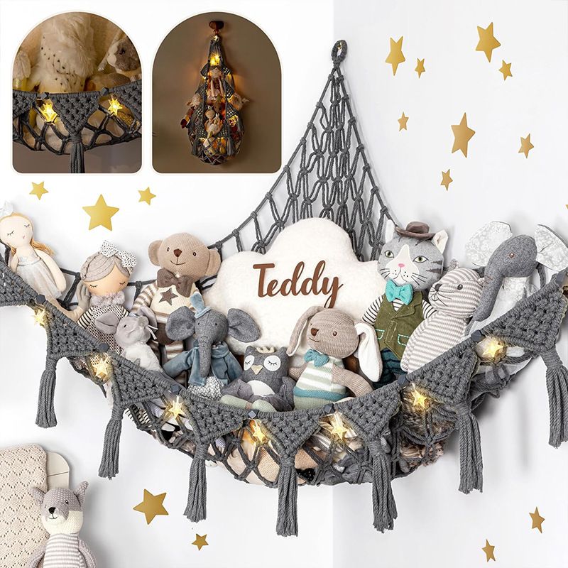 Stuffed Animal Hammock Corner Macrame Toy Storage Net with LED Lights - Grey