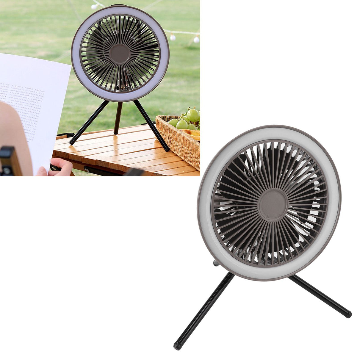 Camping Light Fan 3 Level Wind Adjustment USB Charging 3.7V 2A Hanging Camping Lights Tent Fan with Bracket for Outdoor Gray