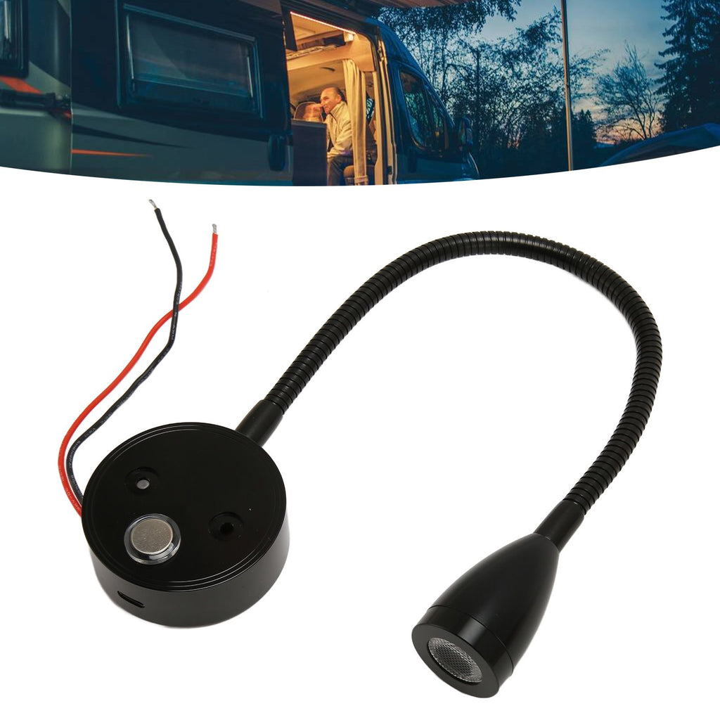 LED Wall Mounted Reading Light Touch Control 3 Color Temperature Dimmable Bedside Reading Lamp with Gooseneck Hose for RV Boat Motorhome DC 12 to 24V Black