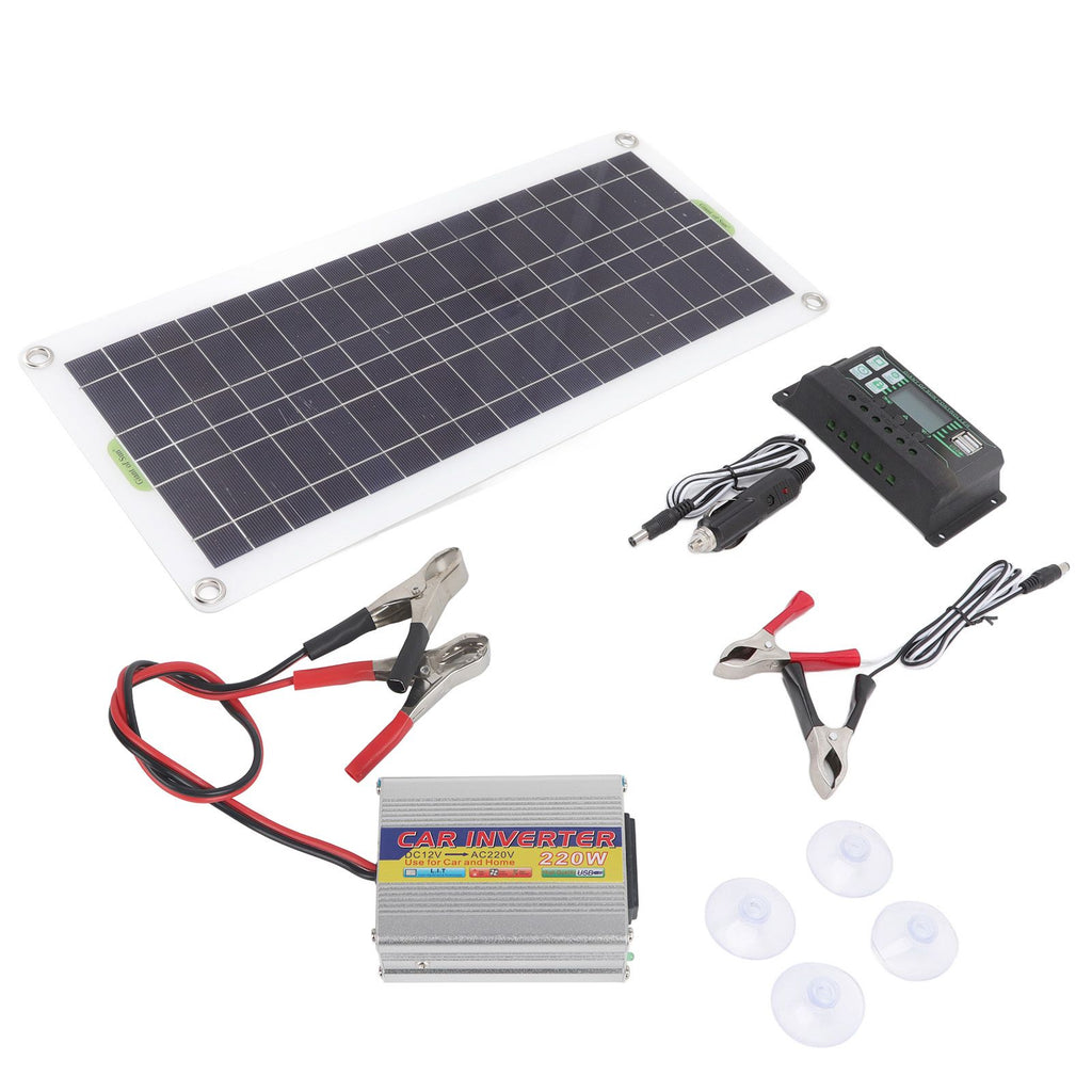 12V to 220V 30W Solar Charging Panel 220W Solar Inverter Battery Charger Kit for Camping Hiking 100A