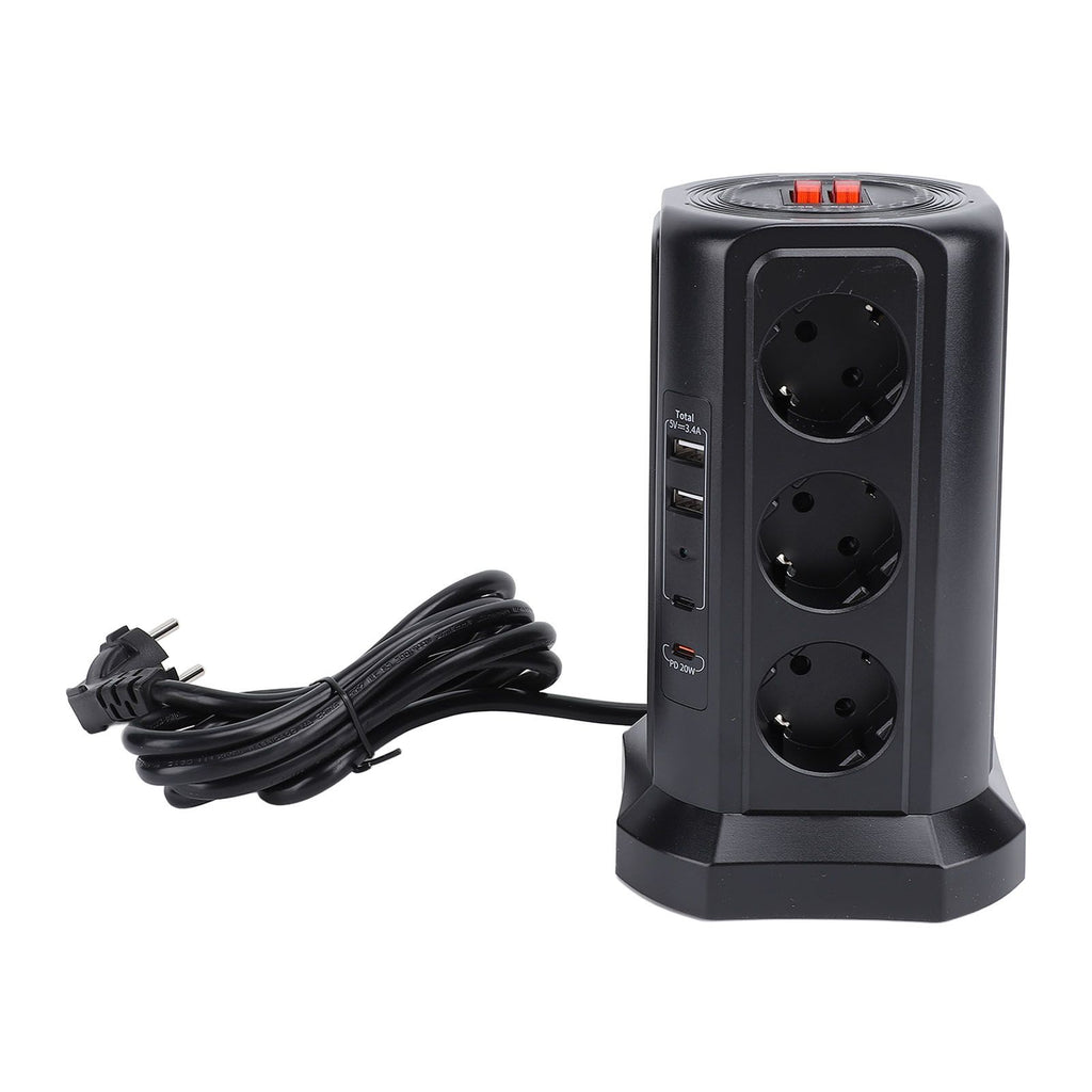 Tower Power Strip with Protector Switch Multiple Ports Vertical Space Saving Electric Tower Power Strip for Home Use Black