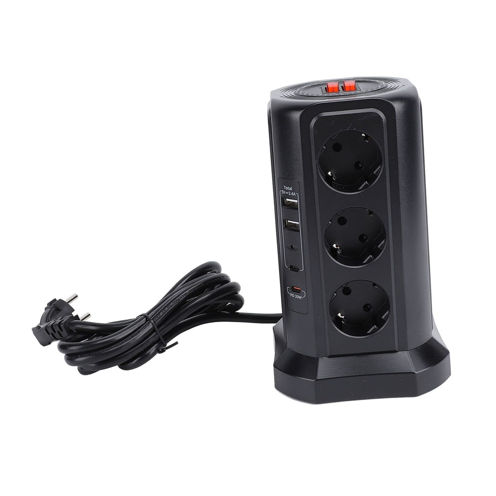 Tower Power Strip with Protector Switch Multiple Ports Vertical Space Saving Electric Tower Power Strip for Home Use Black