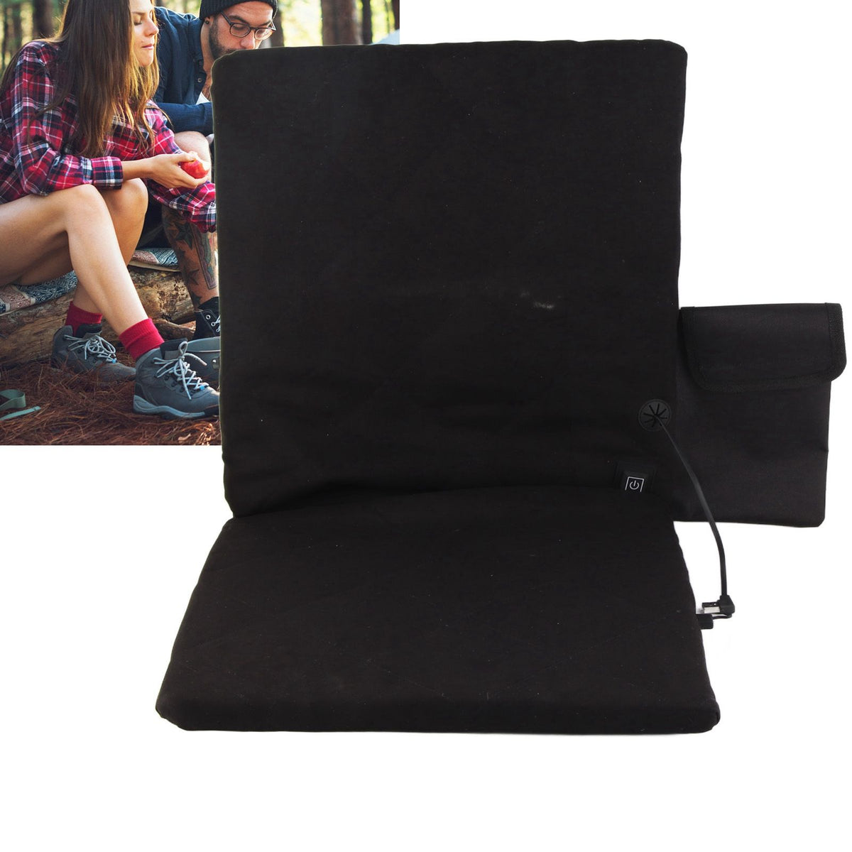 Electric Heating Seat Cushion Foldable Stadium Seats Heated Cover Pads with Backrest for Camping Fishing Hunting Black