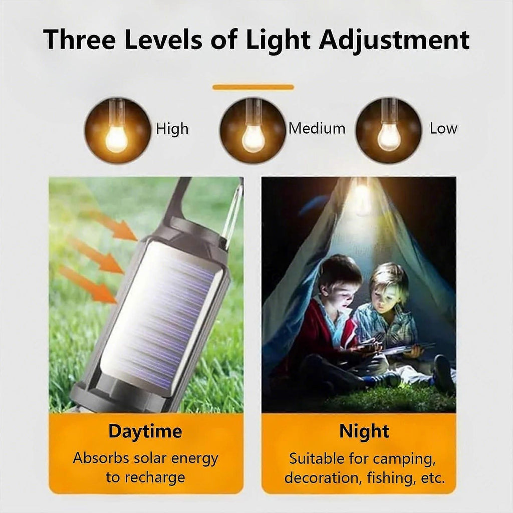 USB Rechargeable Solar Camping Light with Dual Charging and 3 Brightness Modes, Water‑Resistant Hanging LED Tent Lamp