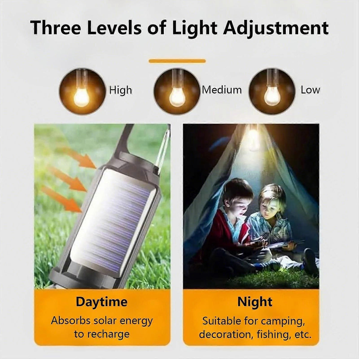 USB Rechargeable Solar Camping Light with Dual Charging and 3 Brightness Modes, Water‑Resistant Hanging LED Tent Lamp