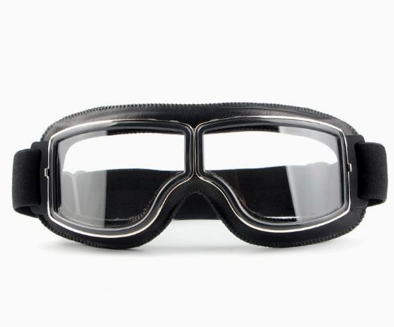 Retro Black Motorcycle Goggles, Anti-Fog Motocross Riding Goggles with Leather Strap - Transparent