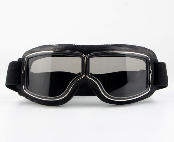 Retro Black Motorcycle Goggles, Anti-Fog Motocross Riding Goggles with Leather Strap - Gray