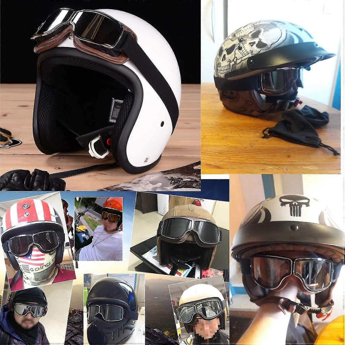 Retro Black Motorcycle Goggles, Anti-Fog Motocross Riding Goggles with Leather Strap - Gray