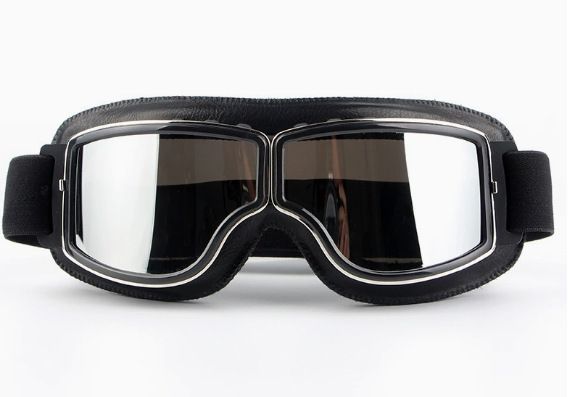Retro Black Motorcycle Goggles, Anti-Fog Motocross Riding Goggles with Leather Strap - Silver