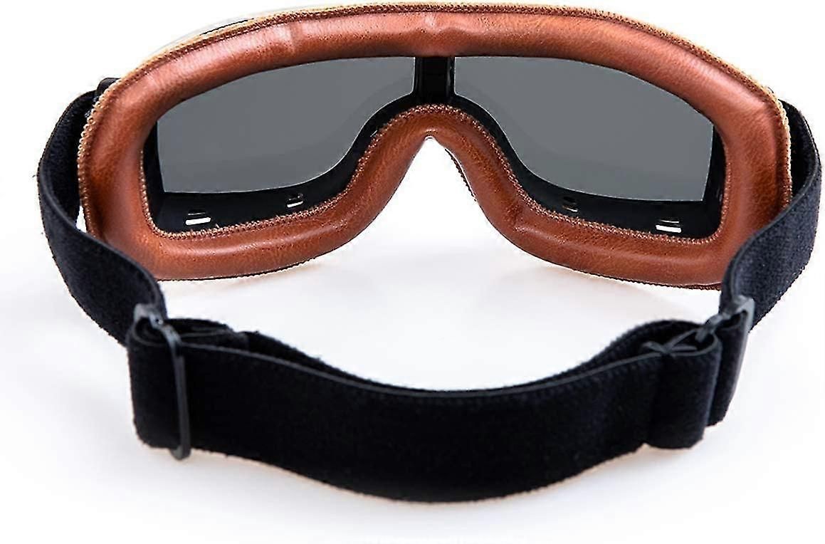 Retro Black Motorcycle Goggles, Anti-Fog Motocross Riding Goggles with Leather Strap - Silver