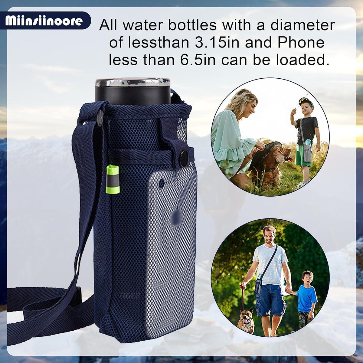 3Pcs Adjustable Strap Mesh Water Bottle Holder Outdoor Hiking Camping Carry Pouch Black Blue Grey