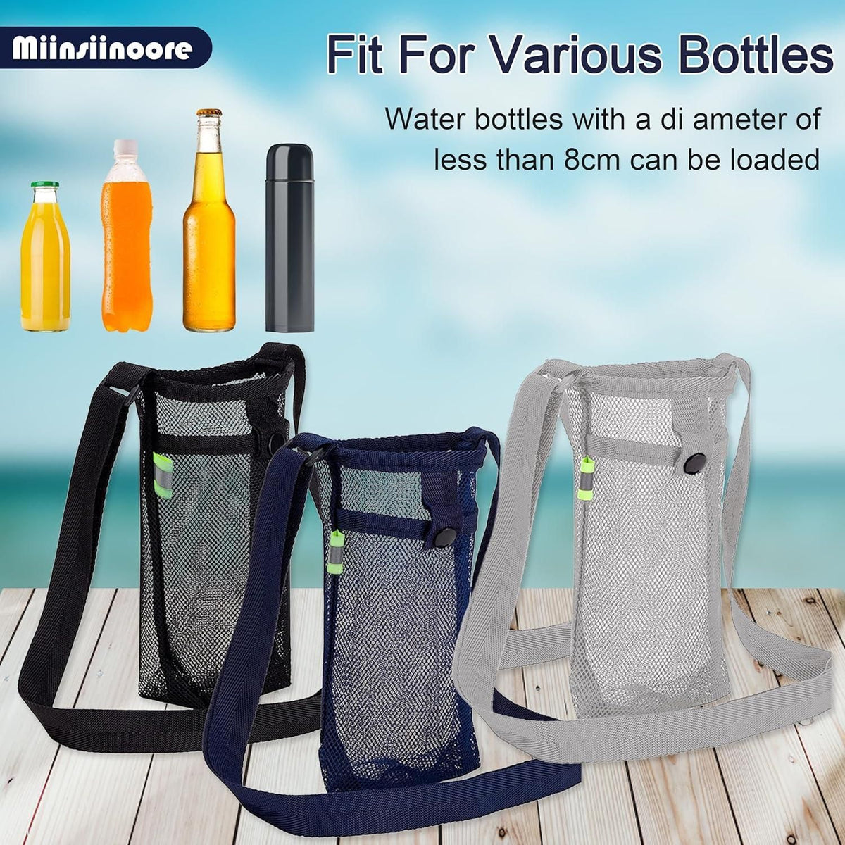 3Pcs Adjustable Strap Mesh Water Bottle Holder Outdoor Hiking Camping Carry Pouch Black Blue Grey