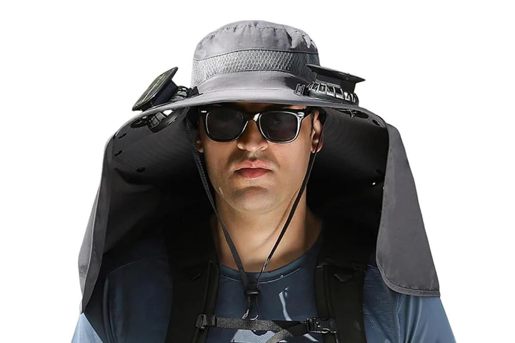 Outdoor Wide Brim Sun Hat With 2 Solar Fans Fishing And Beach Hat With Built In Fan -Dark Grey
