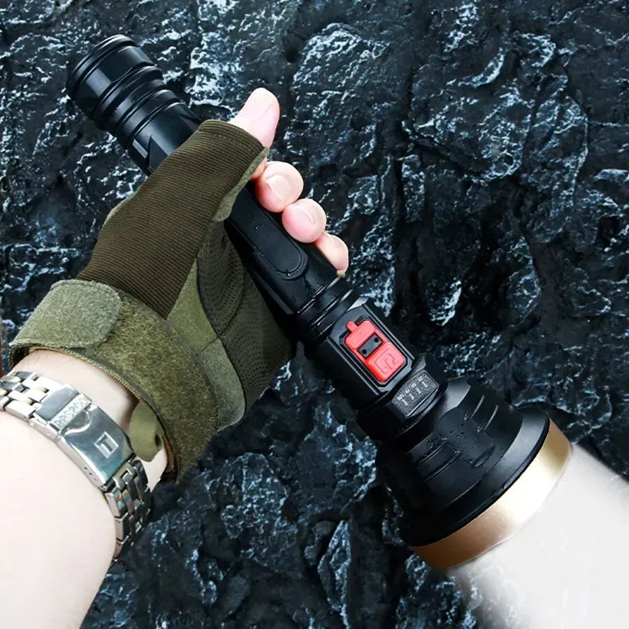 LED Flashlight USB Rechargeable Tactical Hunting Camping Lantern Built-in Battery Power Display - Gold