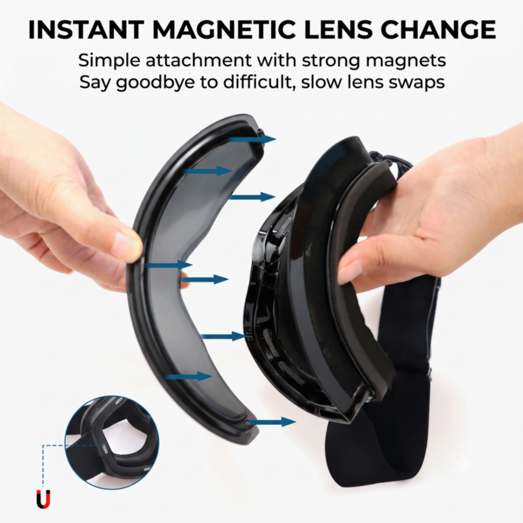 Magnetic Cylindrical Ski Goggles with UV400 Anti-Fog Dual-Lens, Impact-Resistant TPU Frame, Interchangeable Lens for Snow Sports, Includes Protective Case & Black Storage Bag (Pink)
