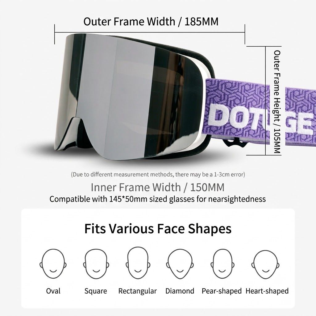 DOTUGE DGZ-12XS Ski Goggles with Italian REVO Coated Dual-Layer Anti-Fog Lens, UV400 Protection, Large Cylindrical Wide View, Compatible with Prescription Glasses, for Skiing and Snow Sports (E)