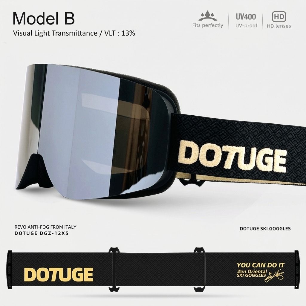 DOTUGE DGZ-12XS Ski Goggles with Italian REVO Coated Dual-Layer Anti-Fog Lens, UV400 Protection, Large Cylindrical Wide View, Compatible with Prescription Glasses, for Skiing and Snow Sports (E)