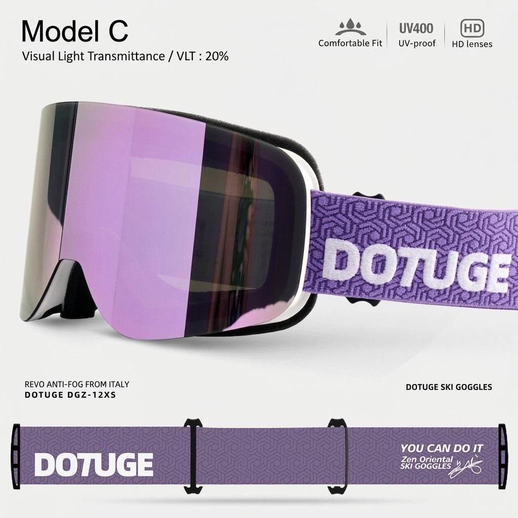 DOTUGE DGZ-12XS Ski Goggles with Italian REVO Coated Dual-Layer Anti-Fog Lens, UV400 Protection, Large Cylindrical Wide View, Compatible with Prescription Glasses, for Skiing and Snow Sports (E)