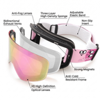 Kids Ski Goggles with Anti-Fog PC REVO Lens, UV400 Protection, Magnetic Quick-Change Lens, Compatible with Helmets & Eyeglasses, for Outdoor Snow Sports (Pink)