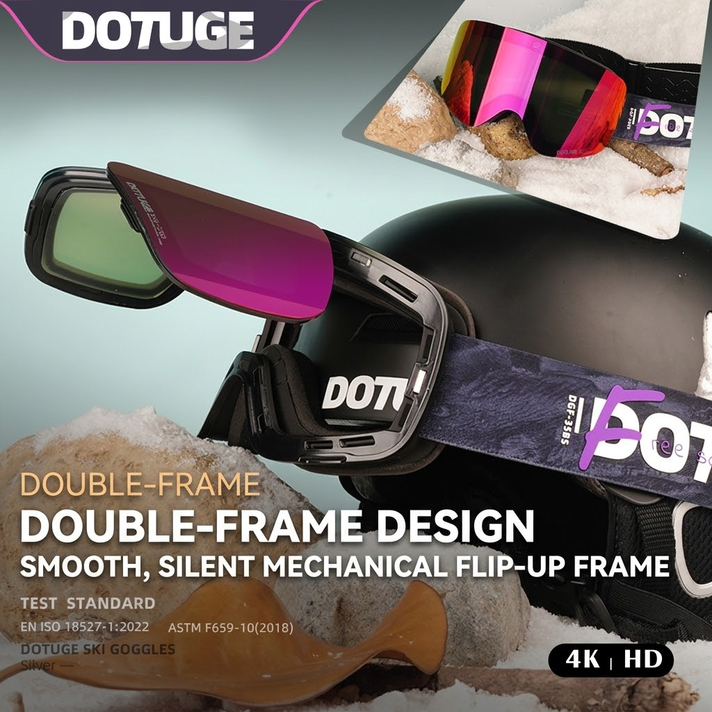 DOTUGE Magnetic Flip-Up Ski Goggles with Dual Frame Design, Anti-Fog HD Lens, Impact-Resistant TPU Frame, and Adjustable Strap for Winter Snow Sports (IceBlue)