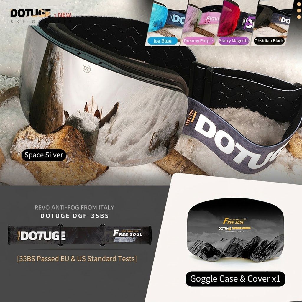 DOTUGE Magnetic Flip-Up Ski Goggles with Dual Frame Design, Anti-Fog HD Lens, Impact-Resistant TPU Frame, and Adjustable Strap for Winter Snow Sports (IceBlue)