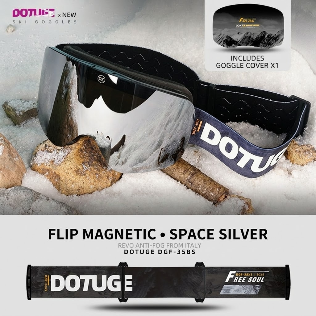 DOTUGE Magnetic Flip-Up Ski Goggles with Dual Frame Design, Anti-Fog HD Lens, Impact-Resistant TPU Frame, and Adjustable Strap for Winter Snow Sports (IceBlue)