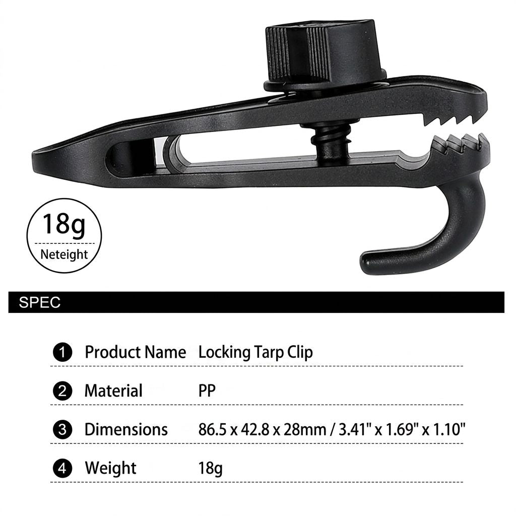 Heavy-Duty Locking Tent Peg Clamp with Rotating Lock, Multi-Purpose Windproof Canopy Fastener for Camping, Tarps, and Food Bag Sealing, with Hook and Hang Hole for Gear Organization (6PCS)