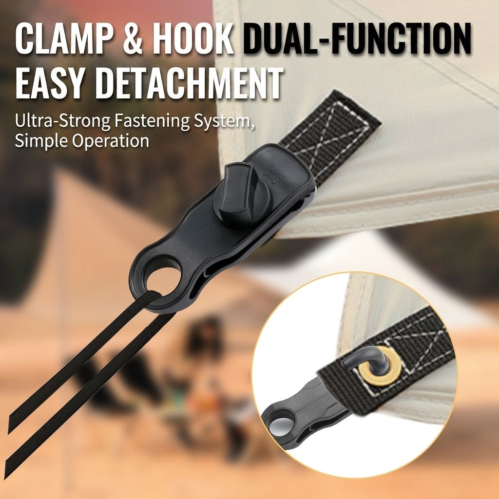 Heavy-Duty Locking Tent Peg Clamp with Rotating Lock, Multi-Purpose Windproof Canopy Fastener for Camping, Tarps, and Food Bag Sealing, with Hook and Hang Hole for Gear Organization (8PCS)